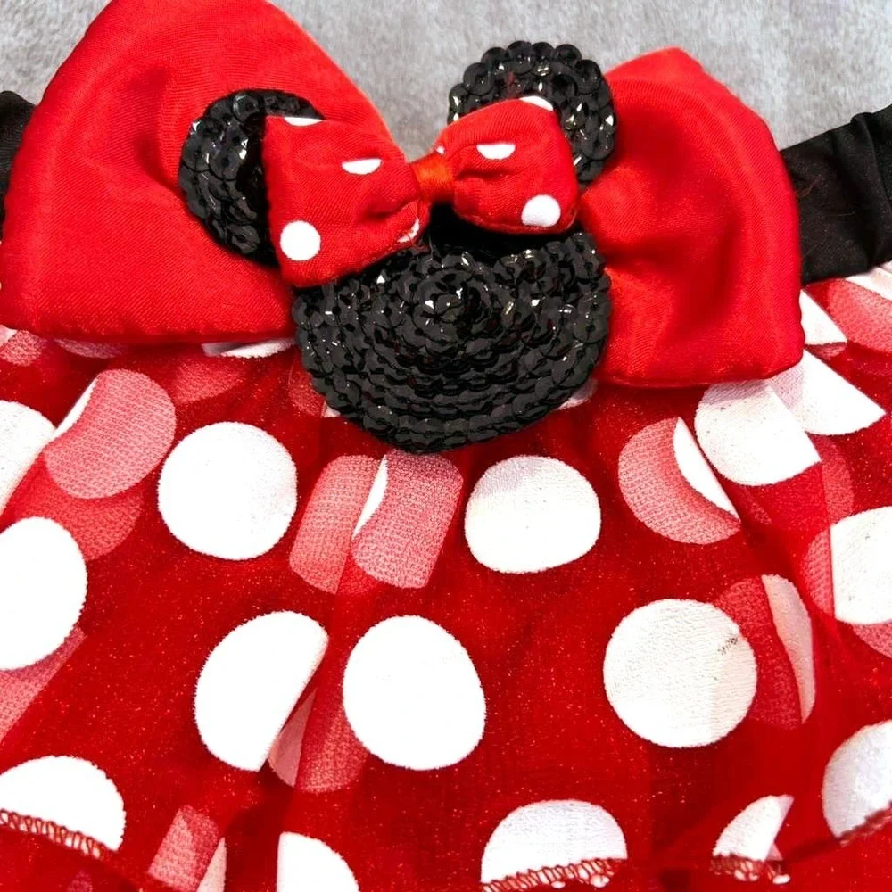 Disney Minnie Mouse Red Polka Dot Ruffle Tutu Skirt Sequin Bow Costume